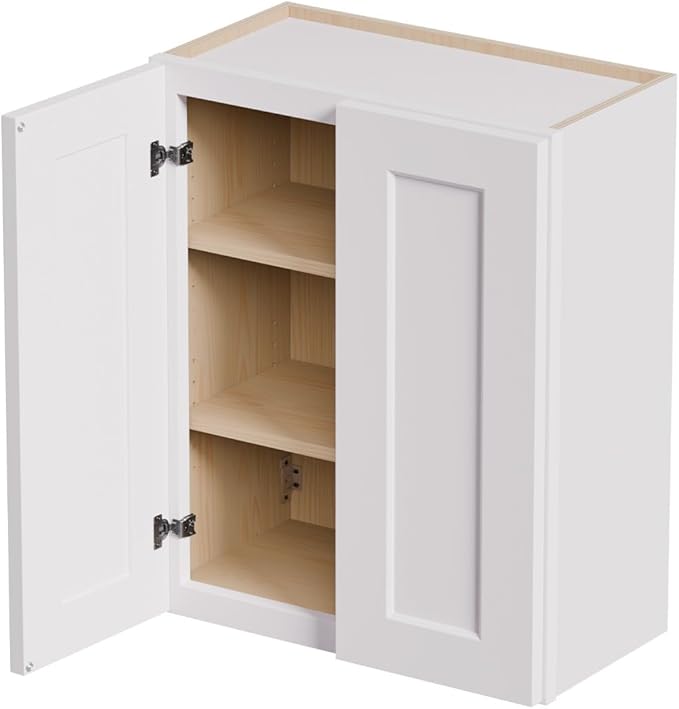 Solid Wood Laundry Room Wall Cabinets, 24 Inch Wide 12" Deep Large Hanging Storage Cabinets, RTA Medicine Organizer with 2 Shaker Doors, Easy Assembly for Kitchen, Bathroom - White