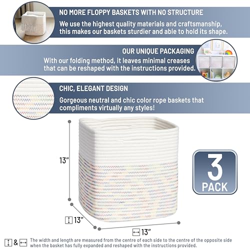 13 Inch Cube Storage Bins Cotton Rope Woven Baskets for Organizing 3 (3 Count)