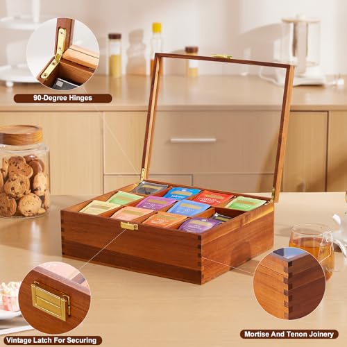 Wood Tea Bag Organizer with Clear Glass Lid (12 Count)