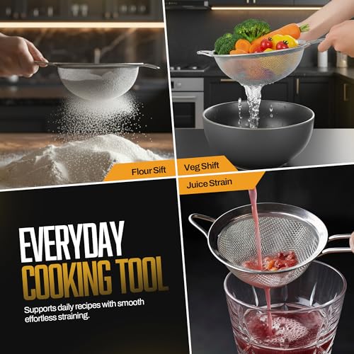 Premium Stainless Steel Fine Mesh Strainers for Kitchen 3 (3 Count)