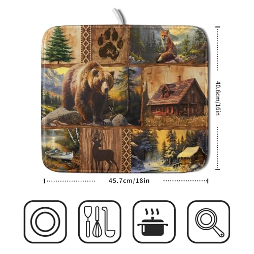 Bear Deer Fox Dish Drying Mat Rustic Cabin Lodge Dish Drainer Mats 16x18 Inch Absorbent Washable Dishes Rack Pad for Sink Kitchen Counter