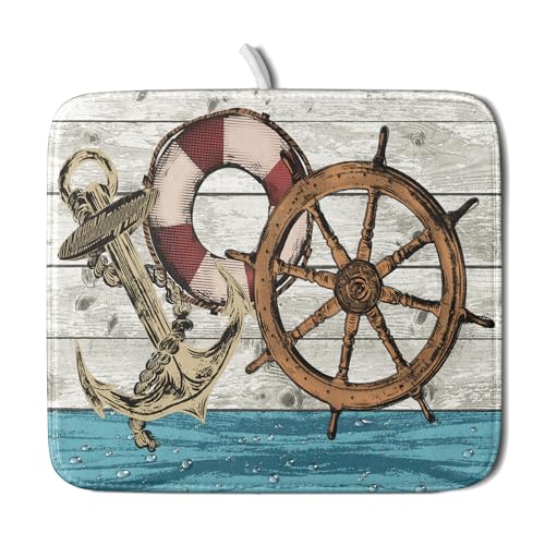 Nautical Anchor Dish Drying Mat 16x18 inch Coastal Boat Fast Dry Microfiber Reversible Dish Drainer Pad Kitchen Countertop Tabletop Decor
