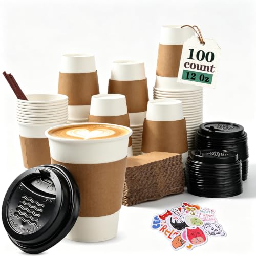 12 oz Disposable Paper Coffee Cups with Lids & Sleeves (100 Count)