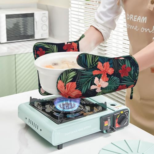 Tropic Hawaiian Hibiscus Flower Oven Mitts Pot Holders Set Silicone Heat Resistant Green Leaves Red Floral Oven Mitts and Hot Pads Potholders Non