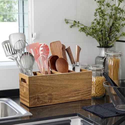Acacia Wood Utensil Holder with Removable Divider