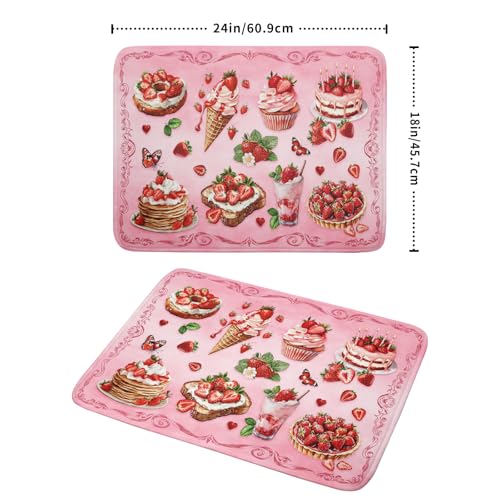 Strawberry Dish Drying Rack Mat Pink Absorbent Microfiber Dish Drying Mat for Kitchen Counter 18x24 In