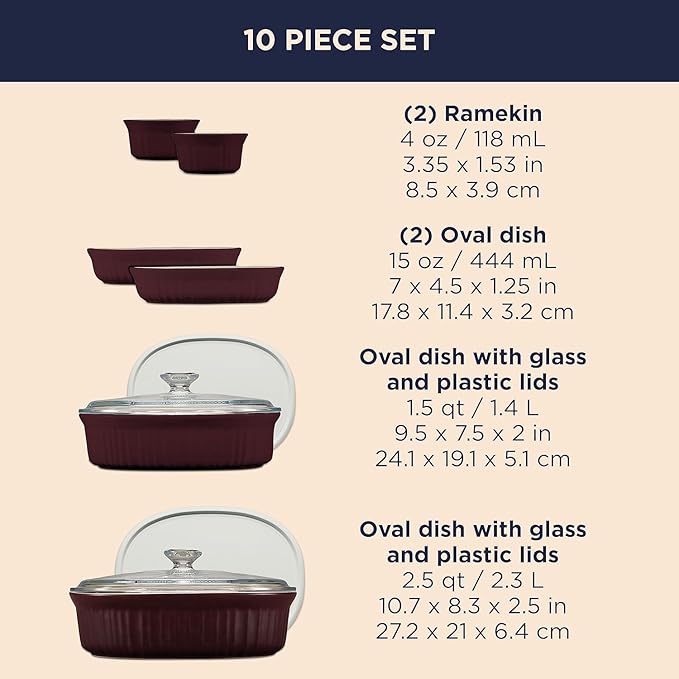 CorningWare Ceramic Bakeware Set with Lids Chip and Crack Resistant Stoneware Baking Dish, Microwave, Dishwasher, Oven, Freezer and Fridge Safe, 10-Piece French Cabernet