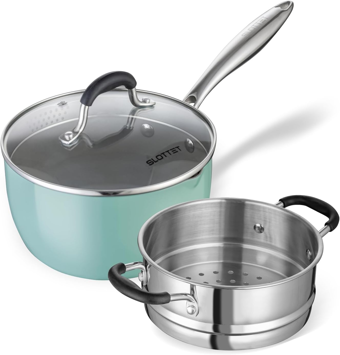 Ceramic Nonstick Tri-Ply Stainless Steel Sauce Pan with Steamer,2.5 Quart Small Multipurpose Pot with Pour Spout,Strainer Glass Lid, 2qt Saucepan for Cooking with Stay-cool Handle,Green - Culinary Roots
