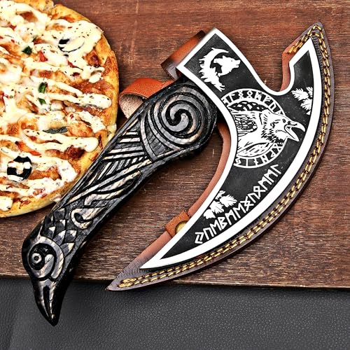 Pizza Cutter Axe Rocker Carbon Steel Slicer Chef Pizza Cutter Viking Axe with Leather Cover