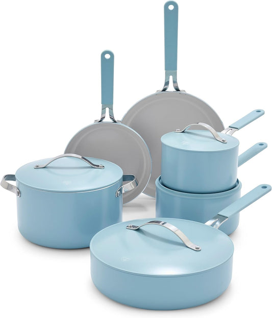 GreenLife 10-Piece Nonstick Ceramic Cookware Set, Lightweight Healthy PFAS-Free Pots & Pans with Lids, Dishwasher & Oven Safe, Durable Body, Silicone Stay-Cool Handles, Easy Release, Blue Haze - Culinary Roots