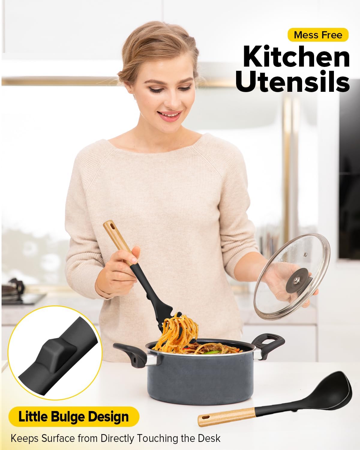 Silicone Soup Ladle and Spaghetti Spoon Set with Wooden Handle, Non Stick Heat Resistant Kitchen Utensils for Cooking, Stirring, Serving Pasta, Soup & Sauce(BLACK) - Culinary Roots