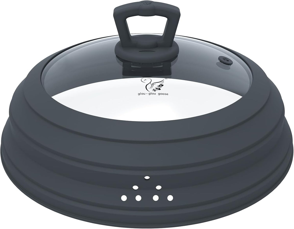 Microwave Splatter Cover Vented Glass Splatter Guard Lid with Collapsible Silicone for Food as Pot Covers 11.8 inch Large Plate for 6 7 8 9 10 11 inch Plate Bowl