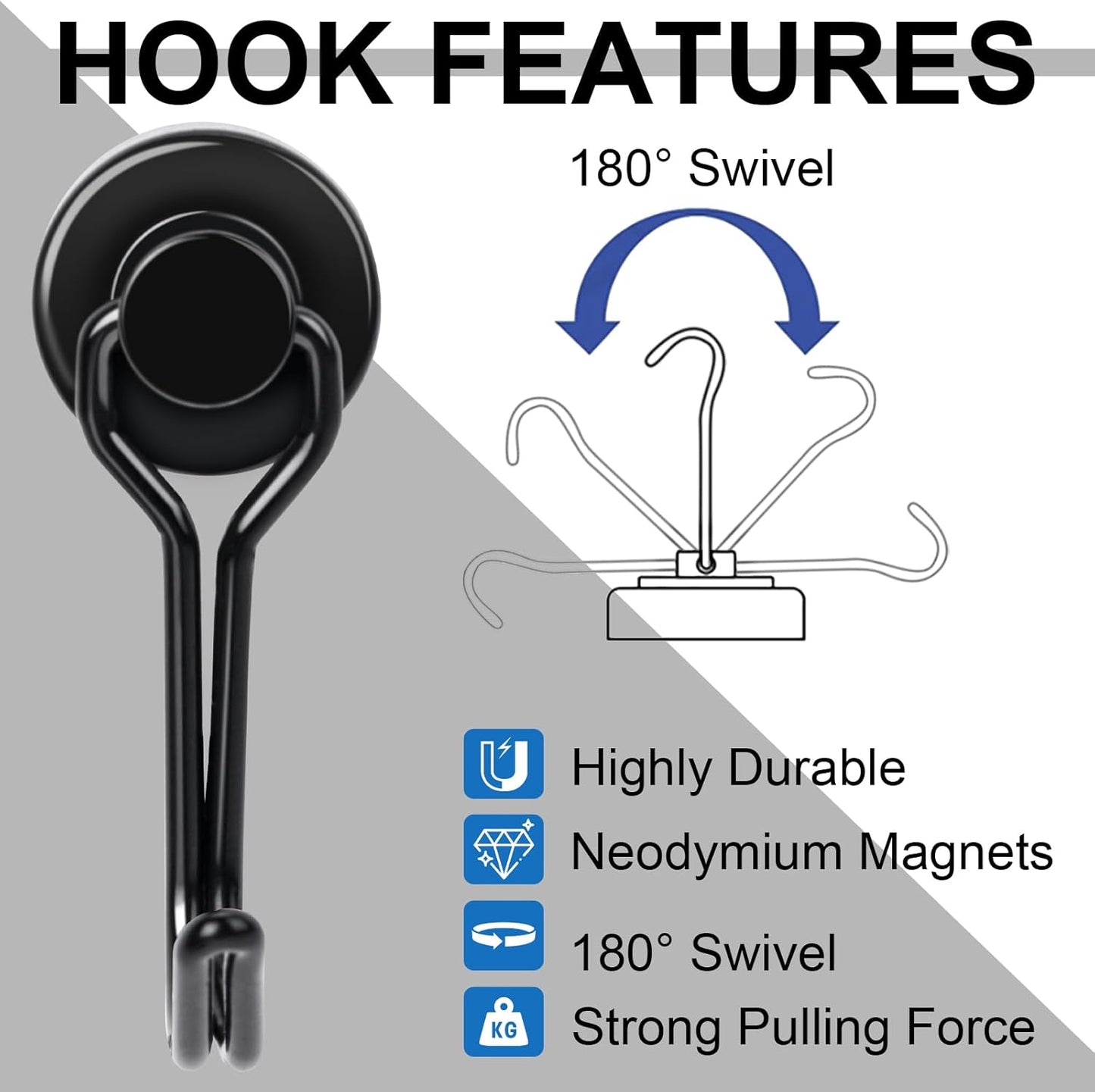 E BAVITE Swivel Swing Black Magnetic Hooks,30LBS Powerful Strong Neodymium Rare Earth Magnet Hook. Perfect for Refrigerator, Kitchen and Other Surfaces, Pack of 50