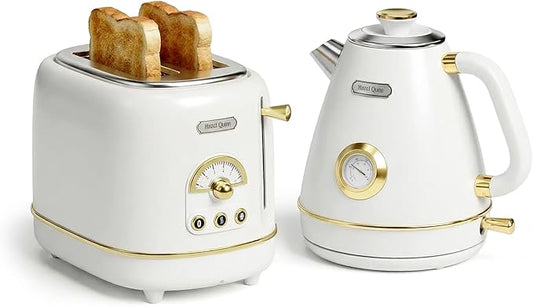 Hazel Quinn Retro Breakfast Set – 2-Slice Toaster & 1.7L Electric Kettle Bundle, 6 Browning Levels, Extra-Wide Slots, 1200W Fast Boiling, All Stainless Steel Interior, Thermometer – Pearl White
