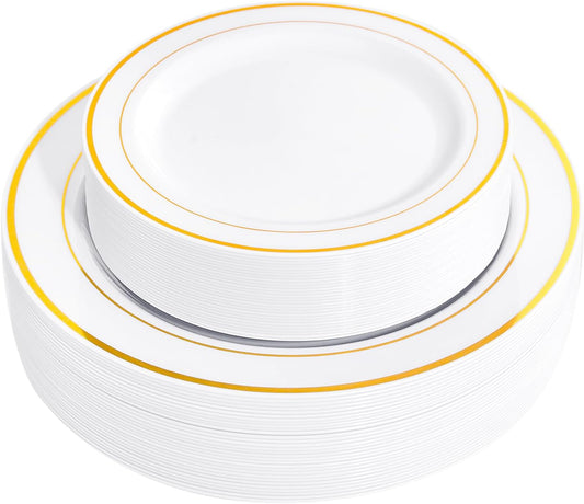 FLOWERCAT 60PCS Gold Plastic Plates - Heavy Duty White and Gold Plastic Plates Disposable for New Year/Thanksgiving Party/Wedding - Include 30PCS 10.25" Dinner Plates and 30PCS 7.5" Dessert Plates - Culinary Roots