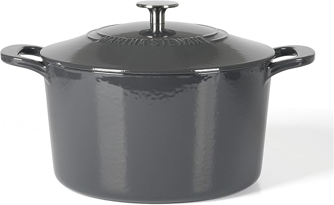 Martha Stewart Gatwick 7 QT Enamel Cast Iron Dutch Oven – Gray, Durable Heavy-Duty Dutch Oven for Slow Cooking, Braising, and Baking