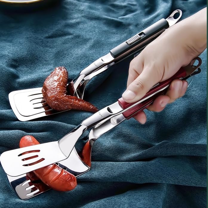 Anti Scald Extended Handle Spatula Tongs 11.6 Inch Multifunctional Stainless Steel Cooking Tongs Food Shovel Clamp for Flipping Steak Fish Bread Hamburger BBQ Frying Pancake Pies Pizza