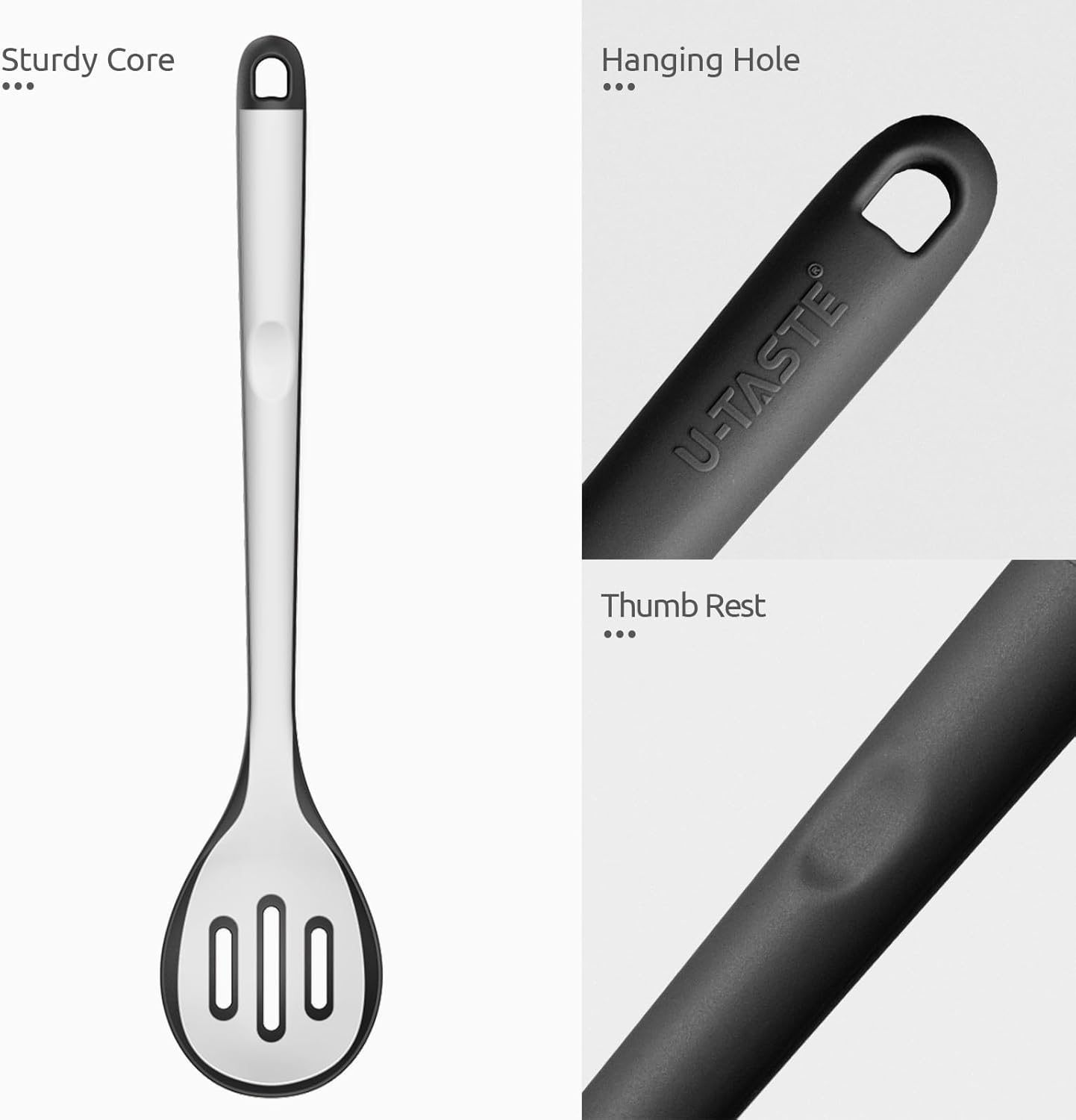 600ºF Heat Resistant Slotted Spoon: U-Taste 13.3in Solid Kitchen Cooking Spoon, Nonstick Food Grade Large & Long Rubber Utensil for Mixing, Serving, Stirring, Basting, Frying, Draining (Black) - Culinary Roots