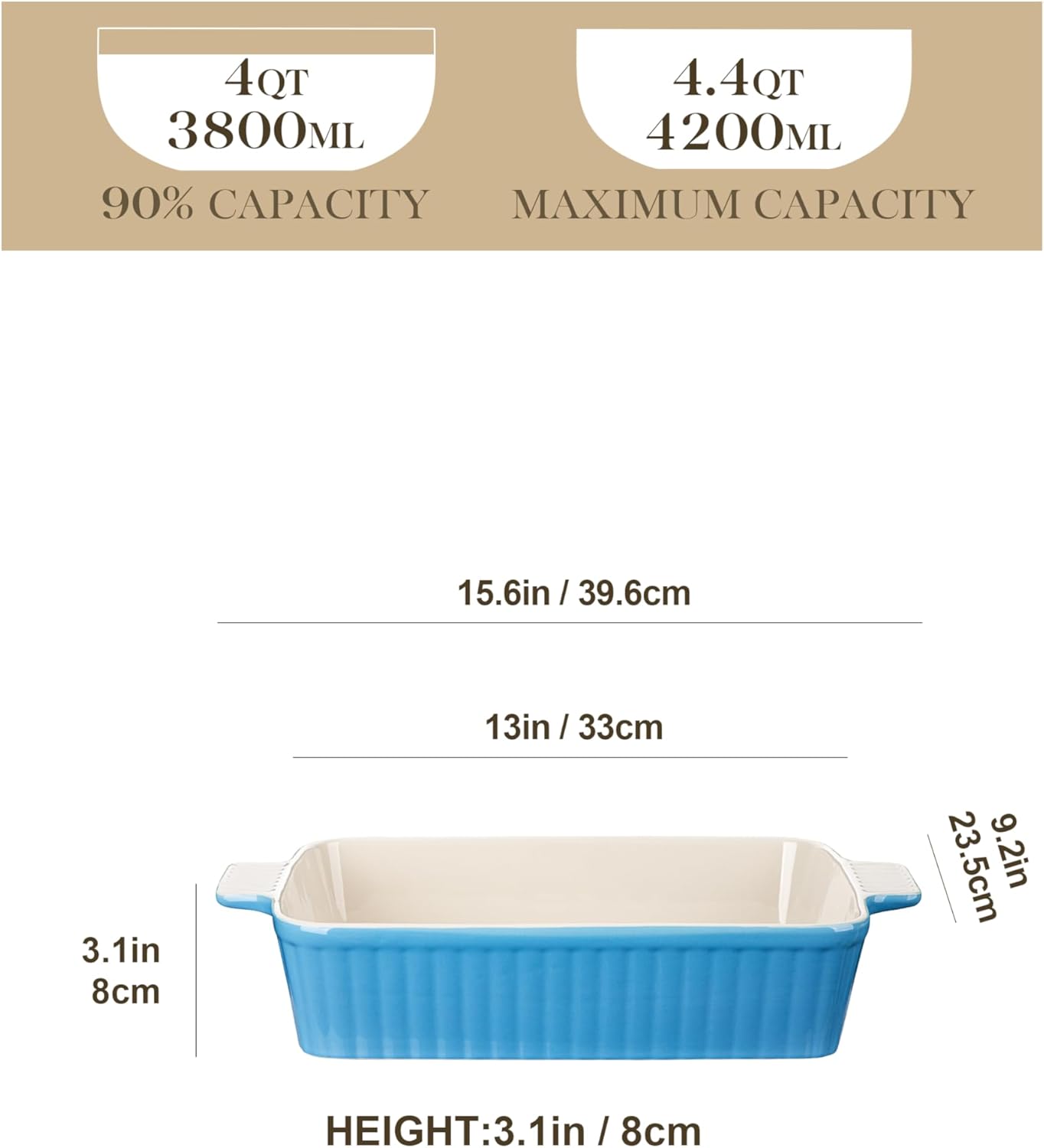 MALACASA 4.4 QT Baking Dish, 9x13 Large Casserole Dish for Oven, Ceramic Baking Pan, Rectangular Lasagna Pan Deep with Handles for Baking, Durable Microwave Oven Safe, Blue, Series BAKE-BAKE - Culinary Roots