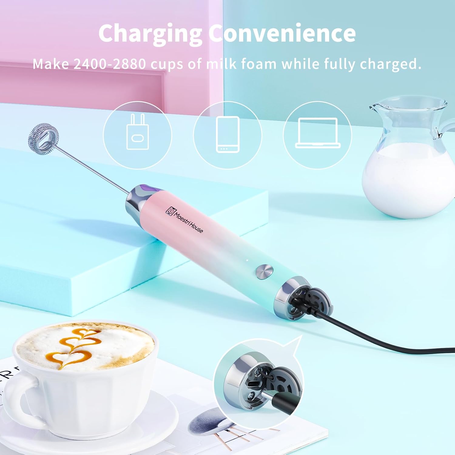 Maestri House Rechargeable Milk Frother with Stand, LunaFro Handheld Electric Foam Maker Waterproof Detachable Stainless Steel Whisk Drink Mixer Foamer for Lattes, Cappuccino - Culinary Roots