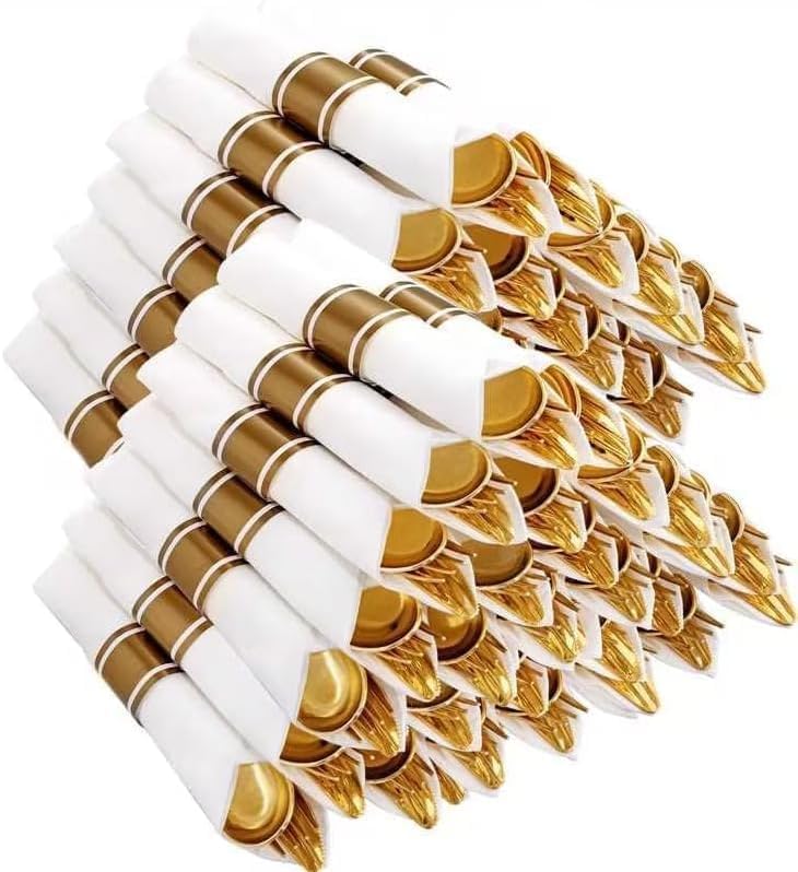 400PCS Pre Rolled Gold Plastic Silverware Set Heavy Duty for Wedding (400 Count)