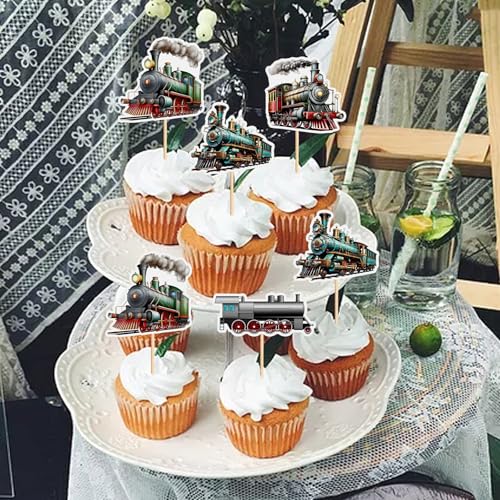 24Pcs Train Transportation Cupcake Toppers Vintage Locomotiv Cupcake Picks for Retro Train Boys Girls Birthday Party Baby Shower Cupcake Decorations Train Transportation Party Decors