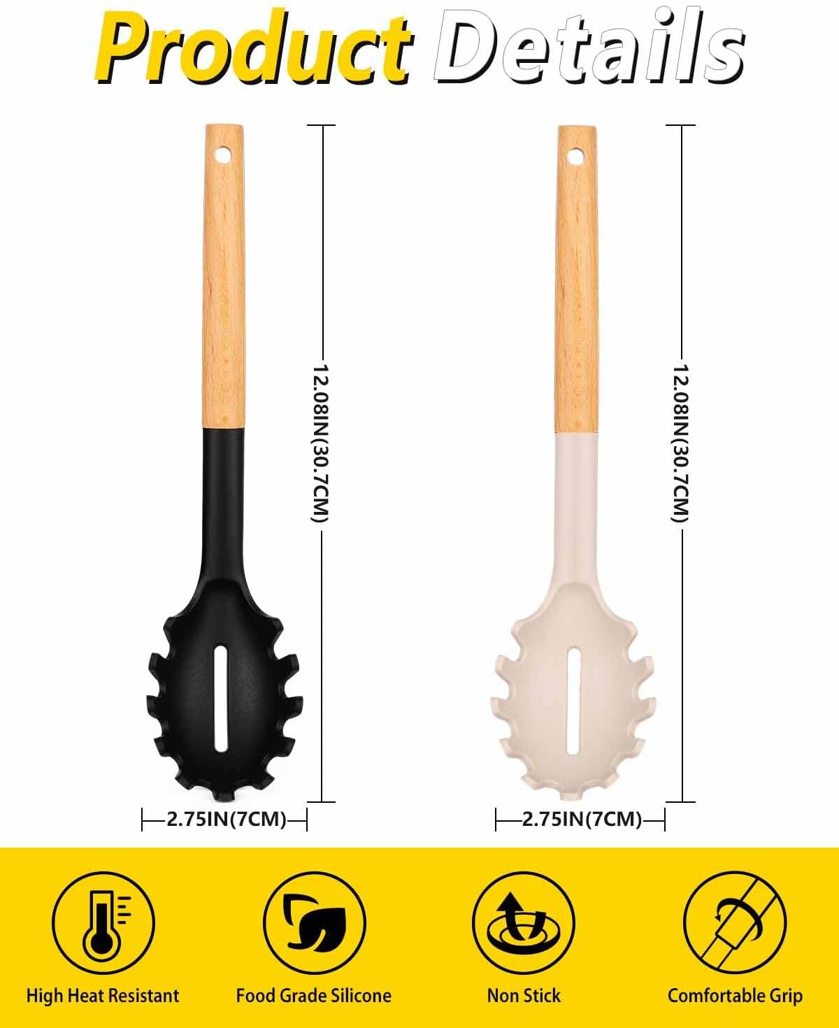 Pack of 2 Spaghetti Spoon, Silicone Pasta Fork with Wooden Handle, Heat Resistant Noodle Spoon Server, BPA Free Spaghetti Strainer(BLACK-KHAKI) - Culinary Roots