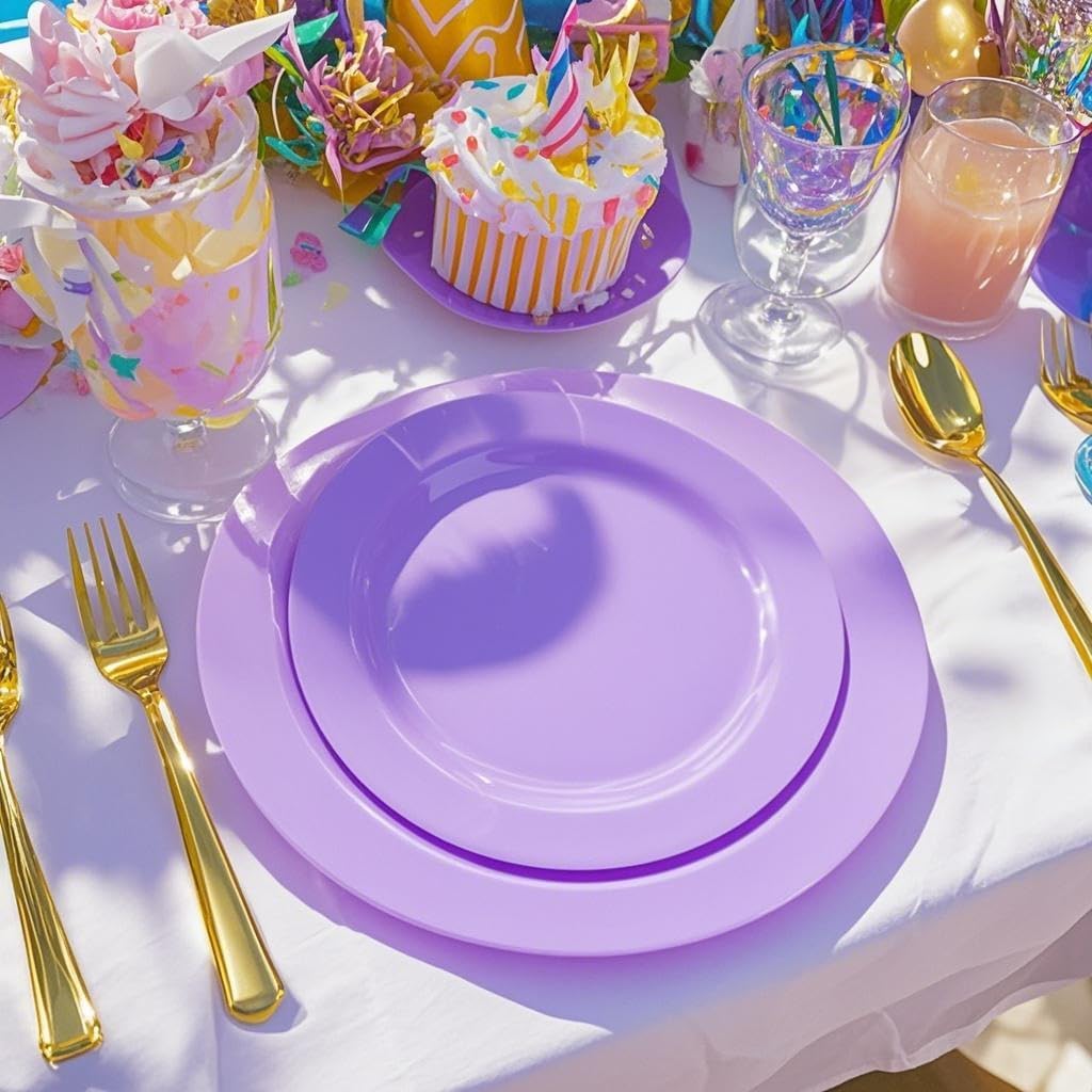 FLOWERCAT 60PCS Purple Plates - Heavy Duty Purple Plastic Plates Disposable for Easter Party/Wedding - Include 30PCS 10.25" Dinner Plates and 30PCS 7.5" Dessert Plates - Culinary Roots