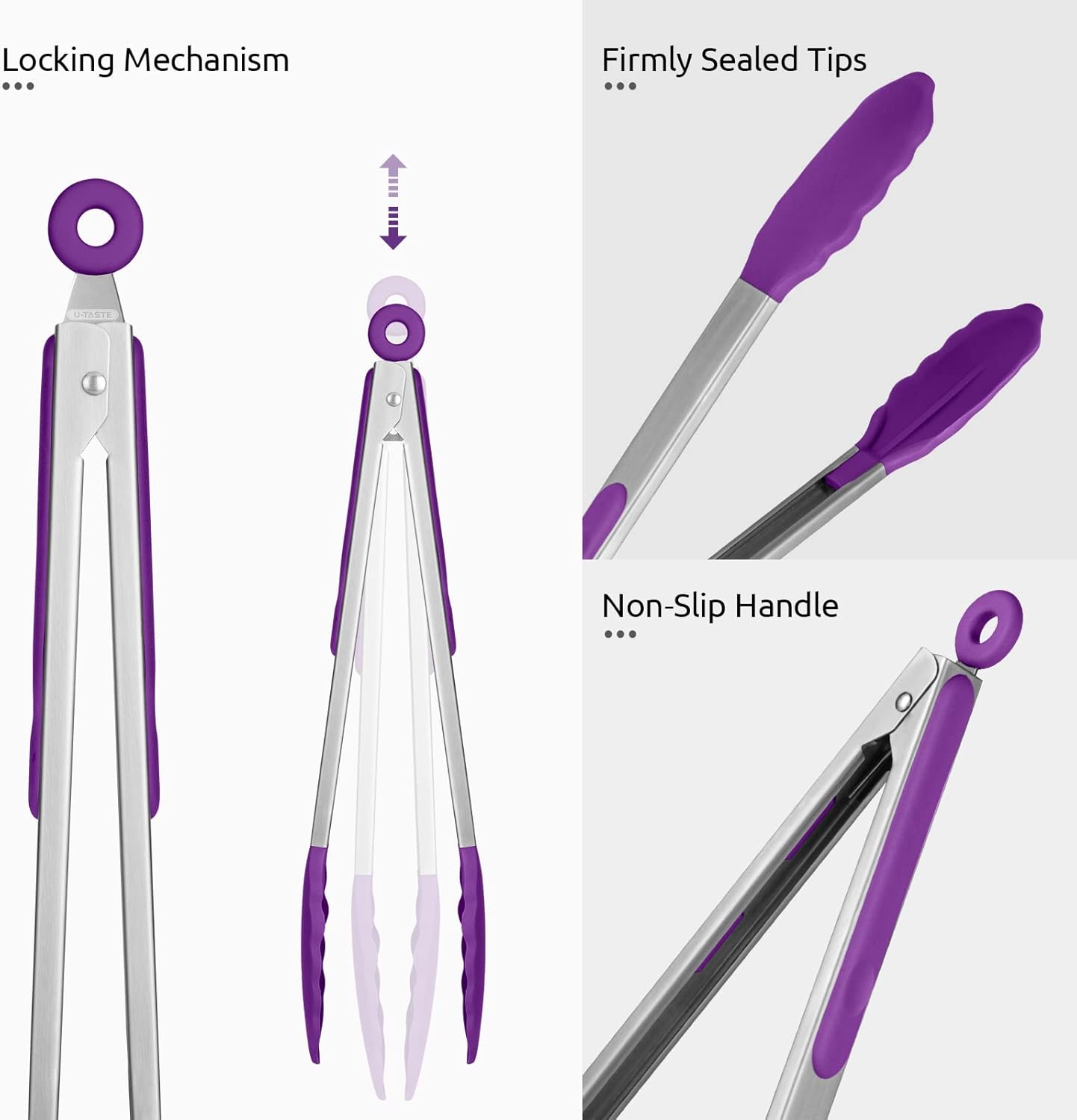 600ºF Heat Resistant Kitchen Tongs: U-Taste 12 inch Large Silicone Cooking Tong with Sturdy Non Stick Rubber Tips & Silicon Coated 18/8 Stainless Steel Handle & Smooth Locking for Serving Grill-Purple - Culinary Roots