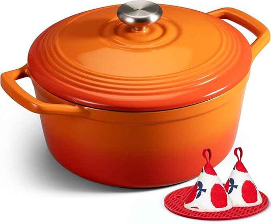 Overmont Enameled Cast Iron Dutch Oven - 5.5QT Pot with Lid Cookbook & Cotton Potholders - Heavy-Duty Cookware for Braising, Stews, Roasting, Bread Baking Orange