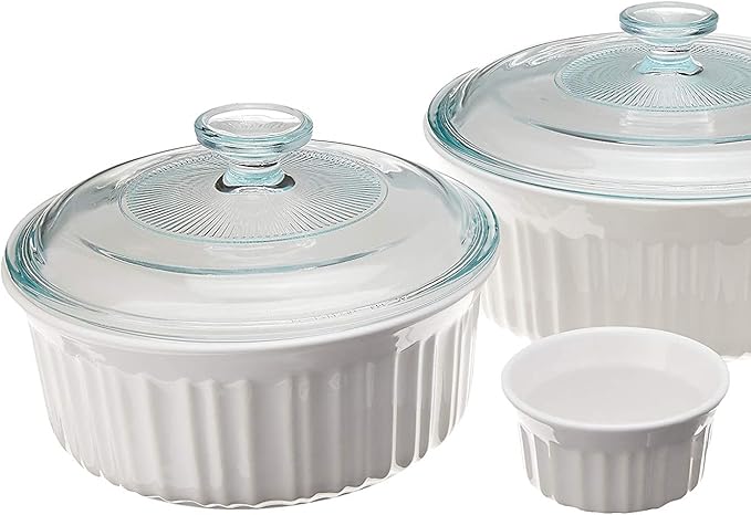 CorningWare French White 10-Pc Ceramic Bakeware Set with Lids Chip and Crack Resistant Stoneware Baking Dish, Microwave, Dishwasher, Oven, Freezer and Fridge Safe