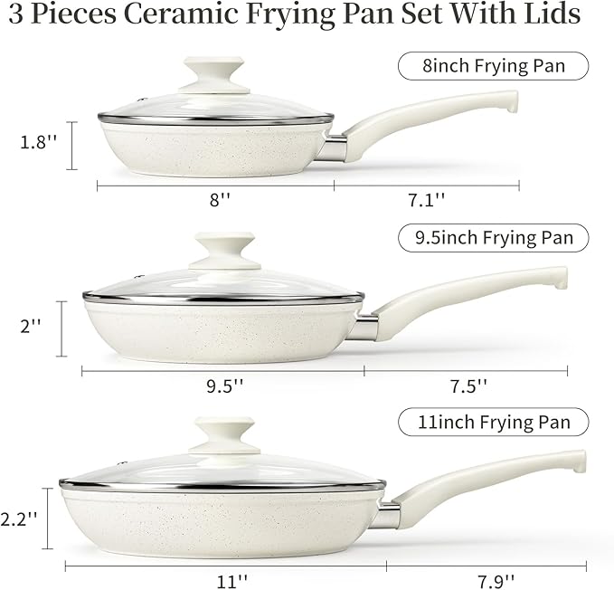 Ceramic Frying Pan Set with Lid - Non Stick Frying Pan with Lids, White Frying Pans Nonstick With Lid, Induction Skillet Set Egg Omelet Skillet Pan W/Lid, Healthy No Toxic Cookware Set, PFOA&PFAS Free