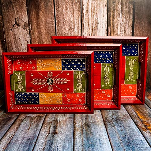Hand Painted Wooden Serving Tray Set of 3