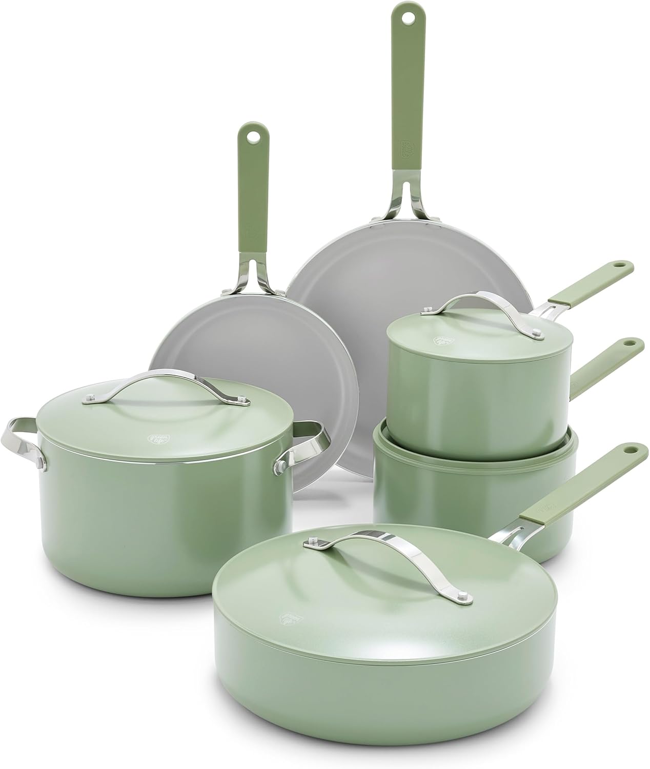 GreenLife 10-Piece Nonstick Ceramic Cookware Set, Lightweight Healthy PFAS-Free Pots & Pans with Lids, Dishwasher & Oven Safe, Durable Body, Silicone Stay-Cool Handles, Easy Release, Sage Green - Culinary Roots