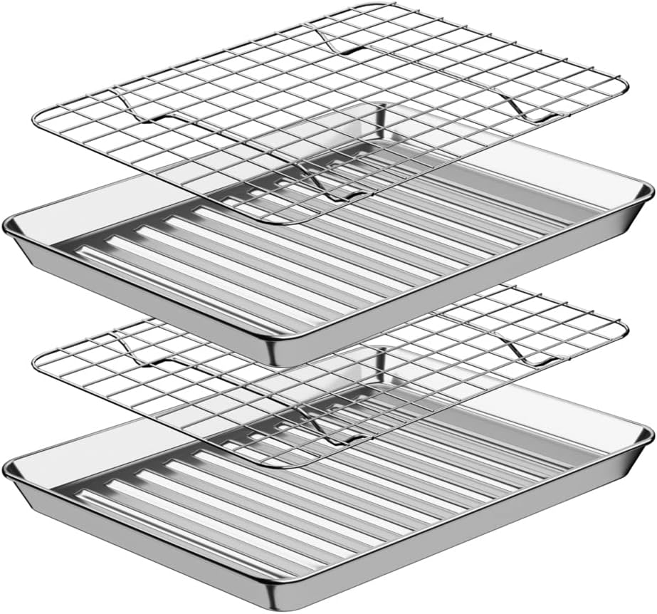 ROTTAY Small Baking Sheet Pan with Wire Rack Set [2 Pans + 2 Racks], 1/8 Stainless Steel Cookie Sheets for Oven, Warp Resistant & Heavy Duty & Rust Free, Size 9 x 7 x 1 Inches - Culinary Roots