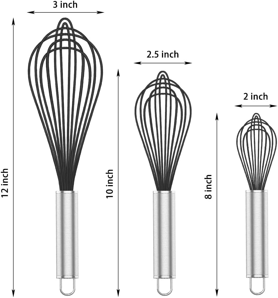 Silicone Whisk,3 pack Professional whisks for cooking non scratch,Stainless Steel & Silicone wisk,plastic rubber whisk for nonstick cookware,small silicone whisk set,black - Culinary Roots