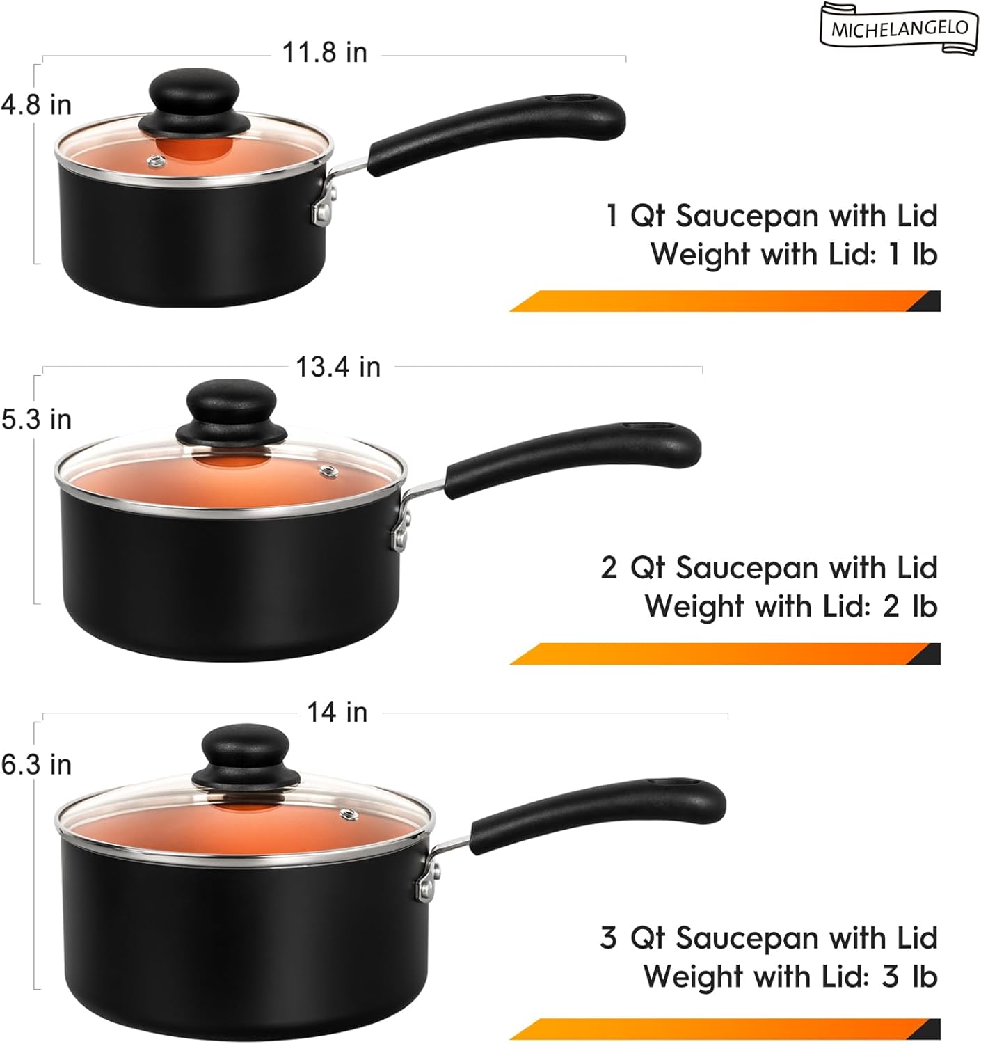 MICHELANGELO Nonstick Sauce Pan with Lid 1QT, 2QT & 3QT, Ceramic Saucepan Set, Copper Sauce pans, Non-Toxic Saucepan, Multipurpose Cooking Pots Set For Home Kitchen, Compatible induction - Culinary Roots