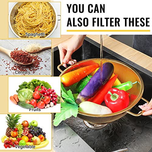 5 Quart Gold Colander and 3 Metal Fine Mesh Strainer Set