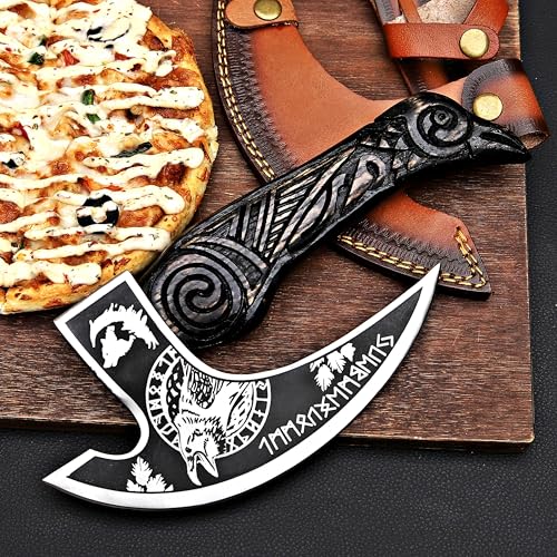 Pizza Cutter Axe Rocker Carbon Steel Slicer Chef Pizza Cutter Viking Axe with Leather Cover