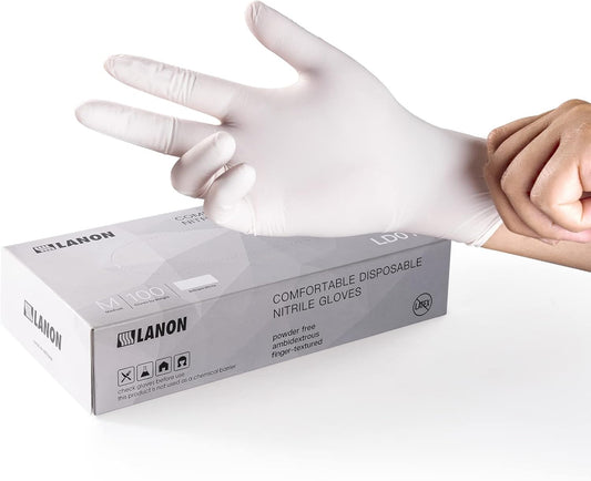 LANON Food Safe White Disposable Nitrile Gloves, Latex-Free, Powder-Free, Textured Fingertips, Cooking, Cleaning, Medium