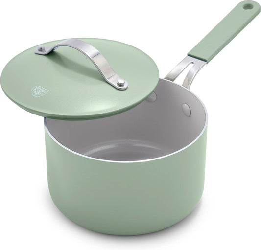 GreenLife 2 Quart Nonstick Saucepan with Lid, Lightweight Healthy PFAS-Free Milk Pan, Dishwasher & Oven Safe Soup Pan, Durable Body, Silicone Stay-Cool Handle, Easy Release Chef’s Pan, Sage Green - Culinary Roots