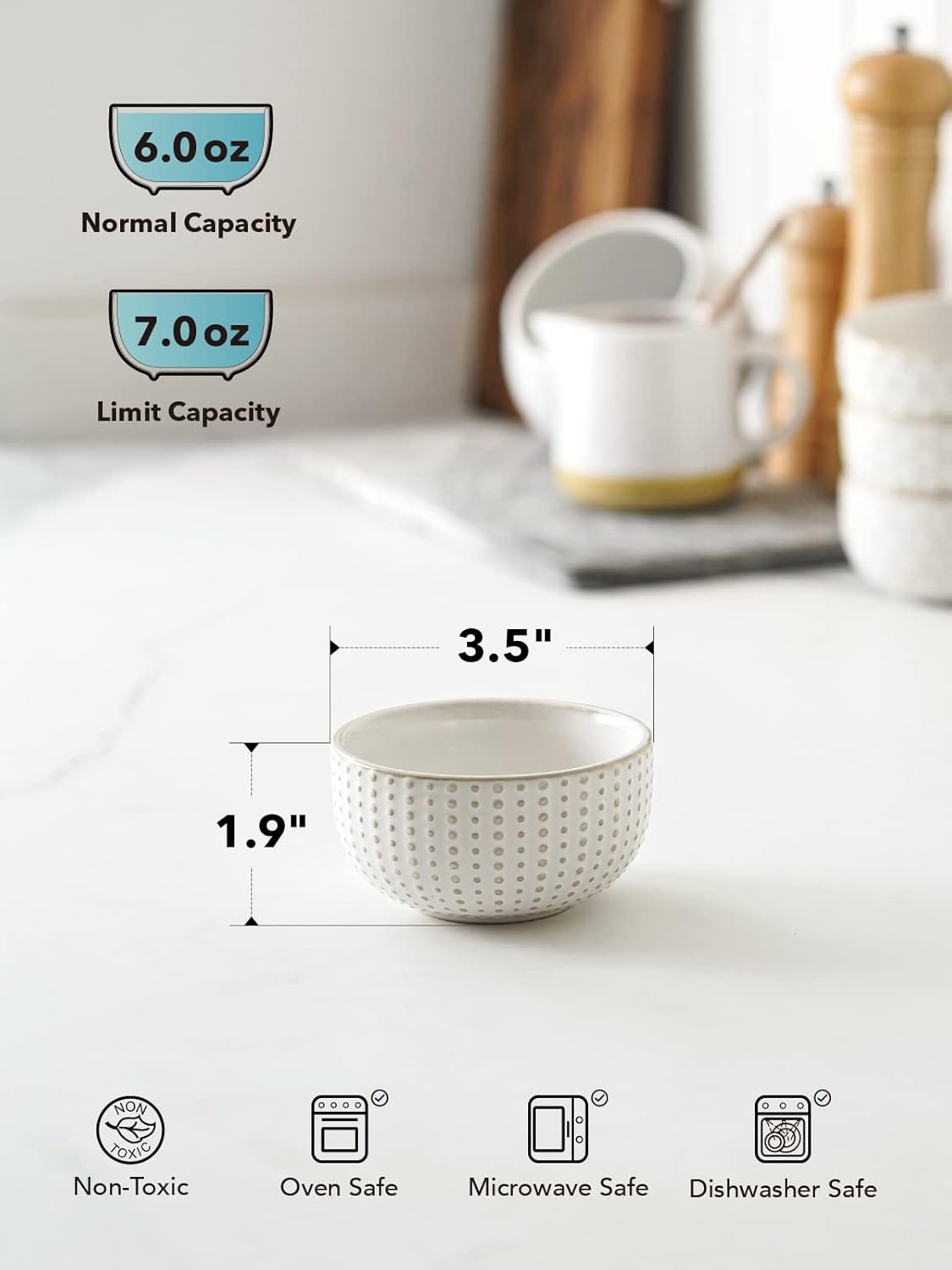 LE TAUCI Small Bowls 7 OZ, Ceramic Embossment Stoneware Bowl for Dipping, Side Dish, Sauce, Appetizer, Dessert, Sushi, Suit For House-warming - 3.5 inch, Set of 4, Arctic white - Culinary Roots