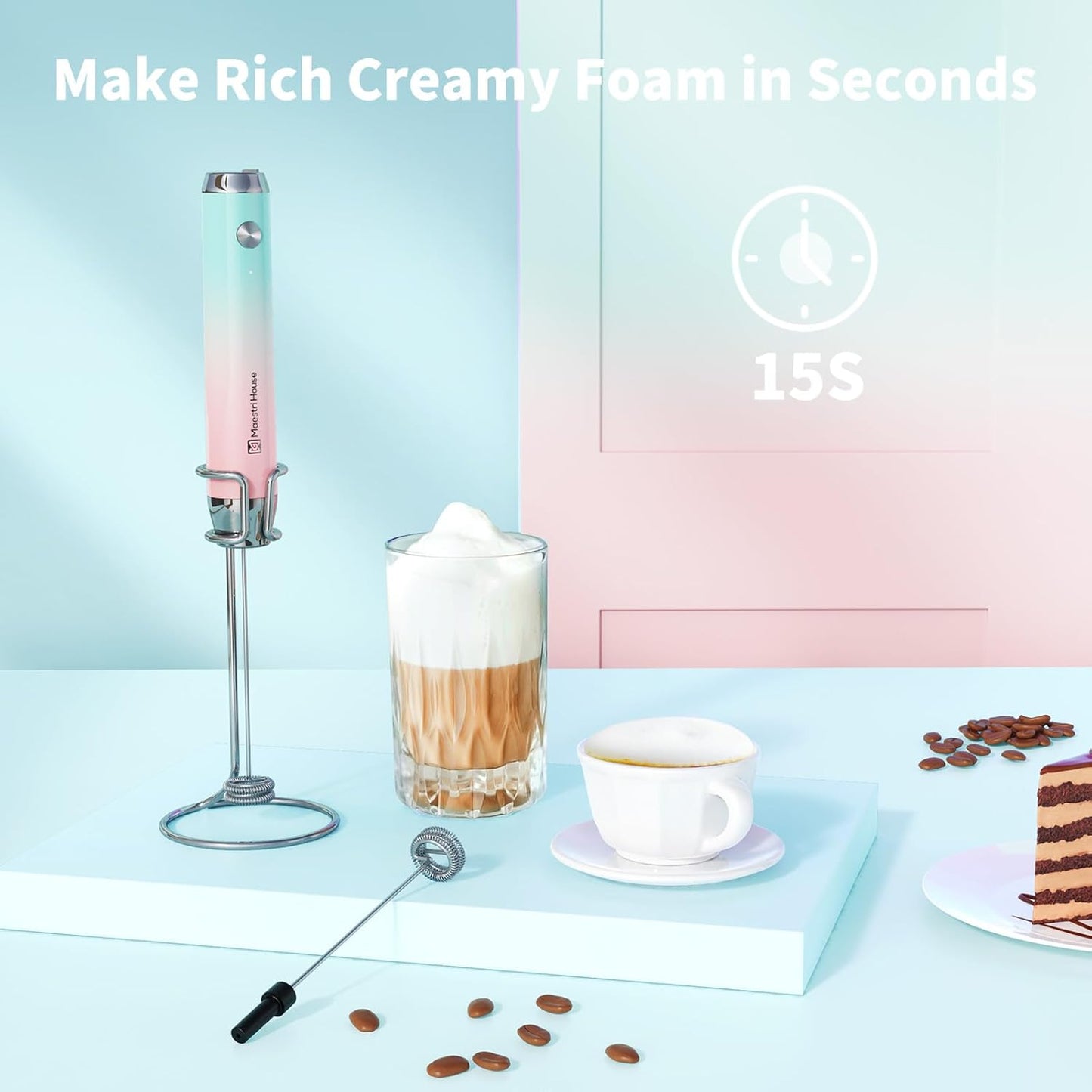 Maestri House Rechargeable Milk Frother with Stand, LunaFro Handheld Electric Foam Maker Waterproof Detachable Stainless Steel Whisk Drink Mixer Foamer for Lattes, Cappuccino - Culinary Roots