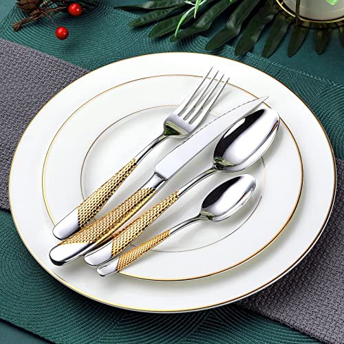 Hammered Silver Gold Silverware Set (24 Count)