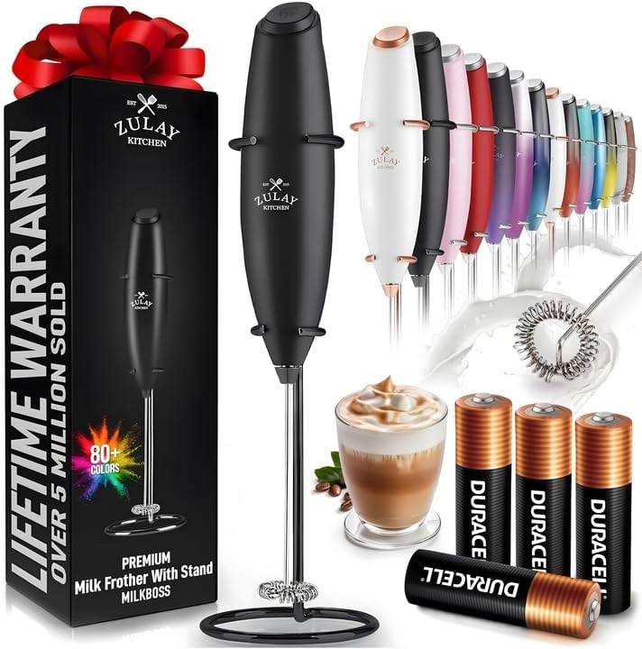Zulay Kitchen Powerful Milk Frother Wand With 4 AA Duracell Batteries - Ultra Fast Handheld Drink Mixer - Electric Whisk Foam Maker for Coffee, Lattes, Cappuccino, Matcha & Creamer - - Culinary Roots