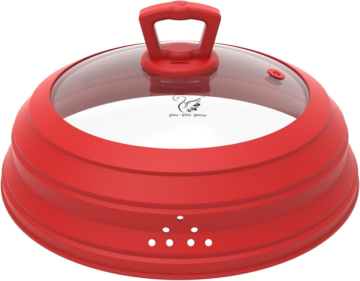 Microwave Splatter Cover Vented Glass Splatter Guard Lid with Collapsible Silicone for Food as Pot Cover 11.8 inch Large Plate for 6 7 8 9 10 11 inch Plate Bowl