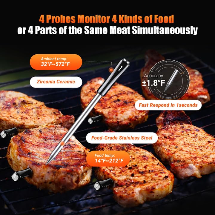 4 Probe WiFi Wireless Meat Thermometer with 360°Readable LCD Standalone Base