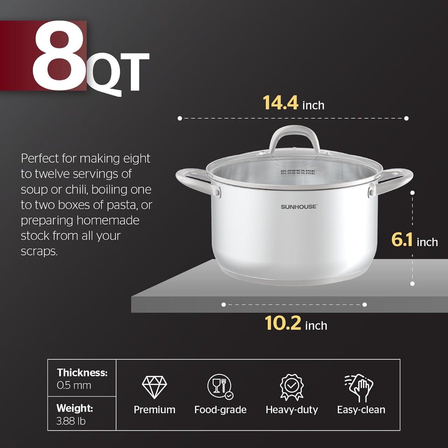 SUNHOUSE 8 Quart Stock Pot with Lid - 3-Ply Bottom Stainless Steel Pasta Cooking Canning Dutch Oven Pot - Induction Compatible for All Stovetops - Dishwasher Safe & Oven Safe - Culinary Roots