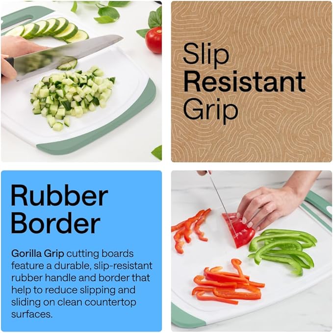 GORILLA GRIP BPA-Free Reversible Kitchen Cutting Board Set of 3, US Designed, Nonporous, Juice Grooves Catch Liquid, Slip Resistant Border, Dishwasher Safe Large Food Chopping Boards, Gray Mint Pink