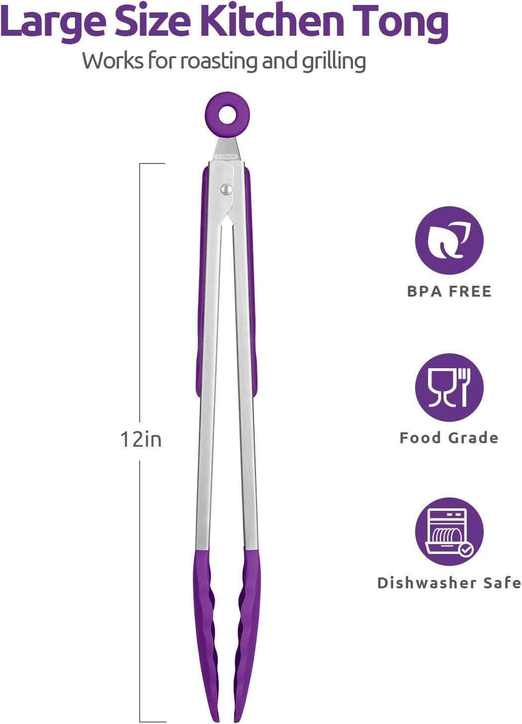 600ºF Heat Resistant Kitchen Tongs: U-Taste 12 inch Large Silicone Cooking Tong with Sturdy Non Stick Rubber Tips & Silicon Coated 18/8 Stainless Steel Handle & Smooth Locking for Serving Grill-Purple - Culinary Roots